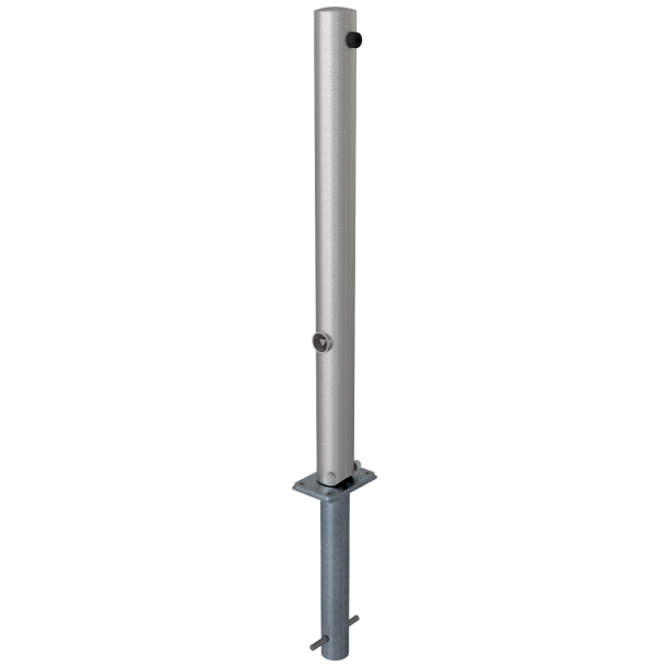 Stolpe i rustfrit st�l | � 76 mm | uden dekorativ ring | sammenklappelig, selvl�sende til indst�bning i beton, med varmgalvaniseret jordfod, varenr. 470.60, ca. 400 mm under jorden | med trekantet l�semekanisme i henhold til DIN 3223 | uden �je